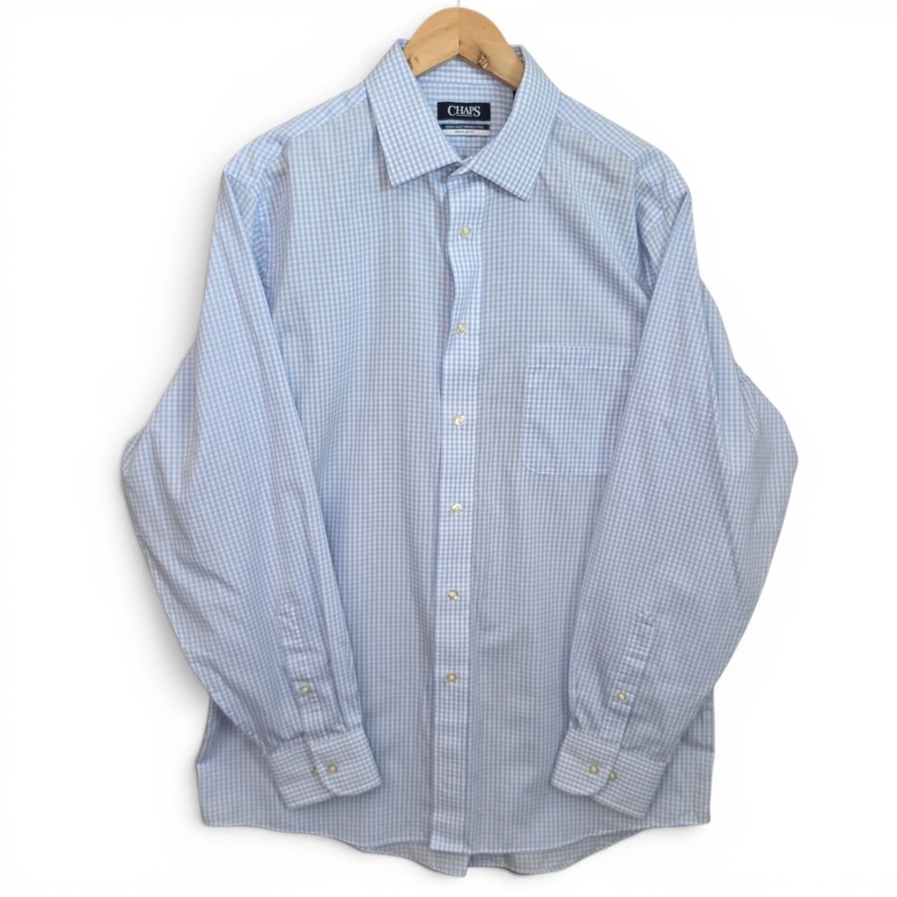 Chaps Shirt Mens 16-16.5 34/35 Large Blue Gingham Check Button Regular Fit